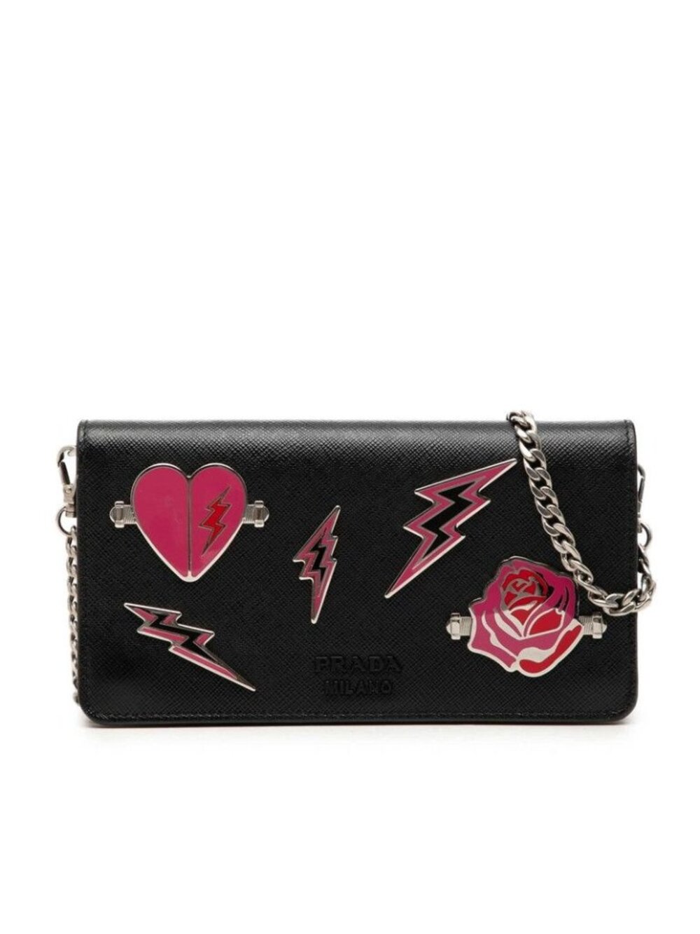 Prada Rose Heart Chain Wallet Shoulder Bag Black Silver Saffiano Leather